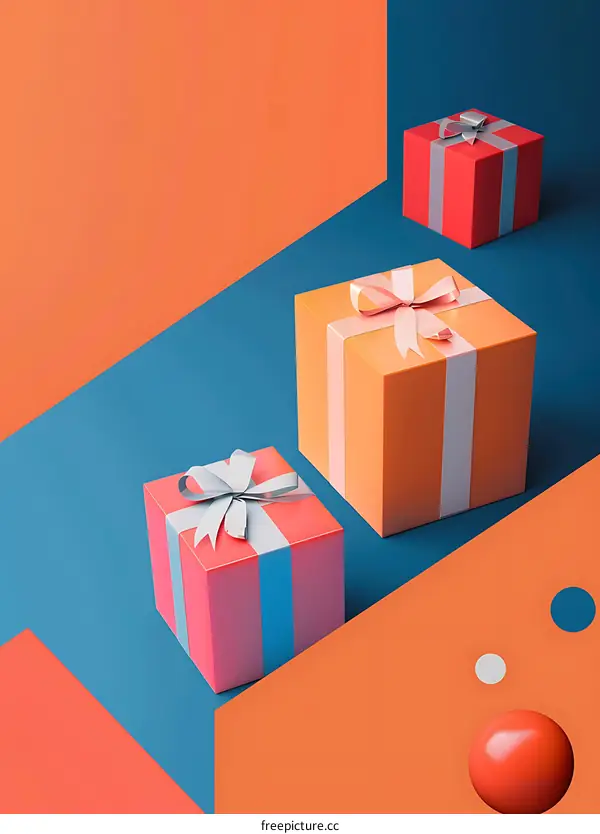Gift Boxes on Blue Background with Geometric Shapes