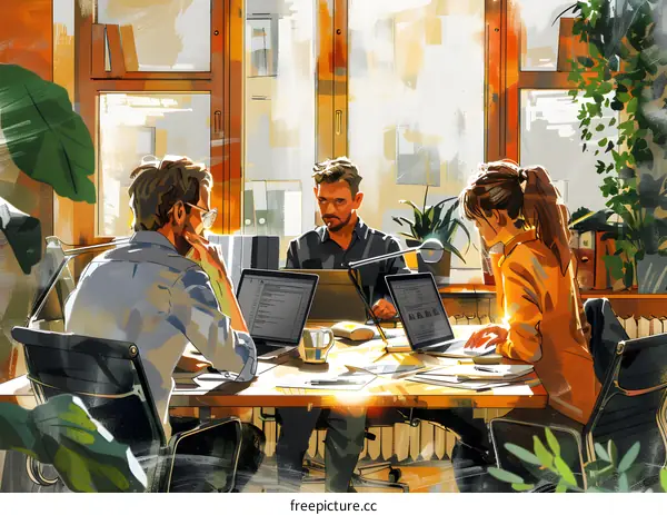 Three business professionals in a meeting discussing ideas and strategies