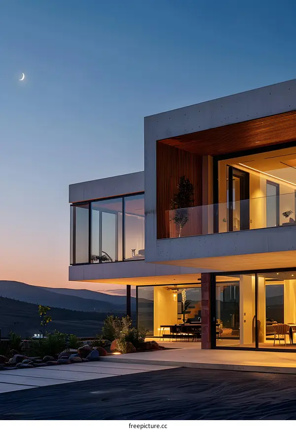 Modern House with Glass Walls and Mountain View