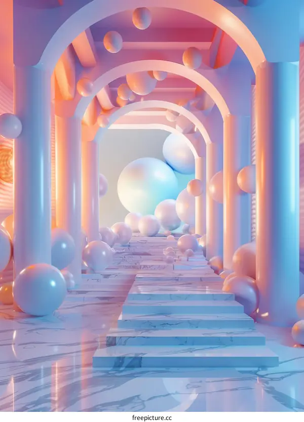 Pastel Archway Pathway with Floating Spheres