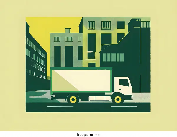 Green Truck Driving Through the City