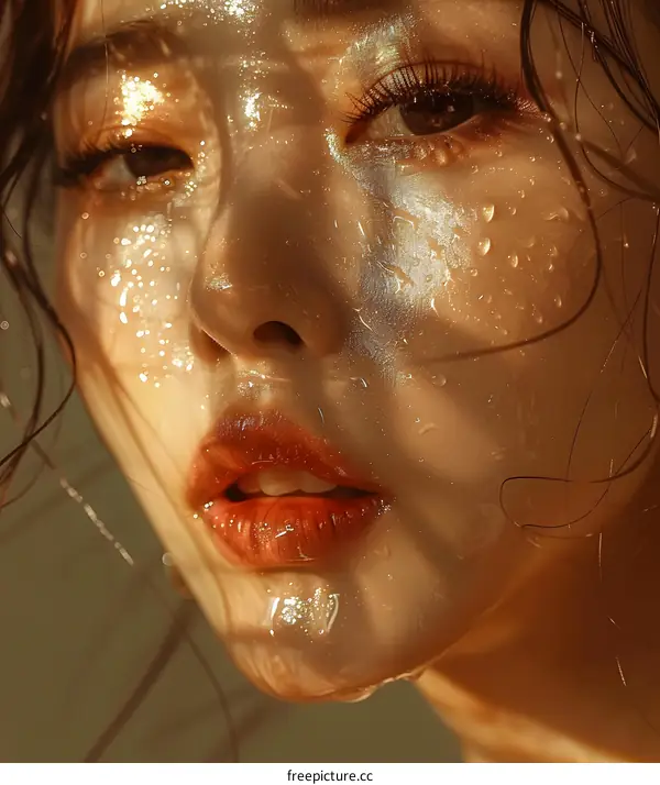 Close up portrait of a beautiful woman with wet face