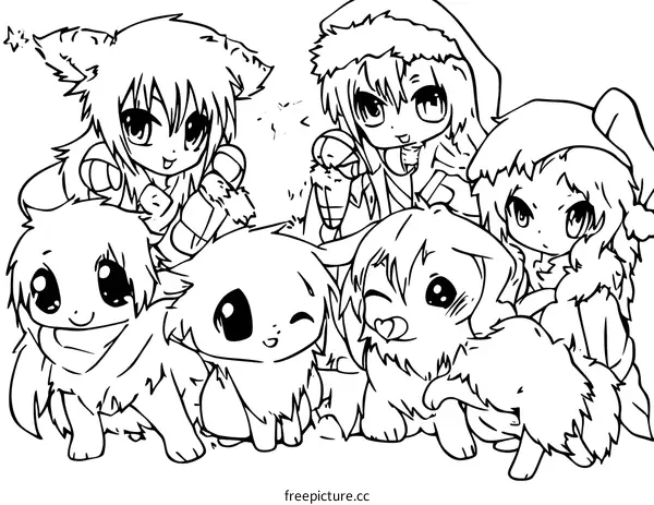 Cute Anime Characters with Animals Coloring Page