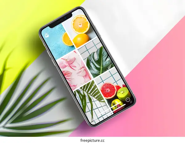 Modern Smartphone with Pictures of Fruits and Leaves