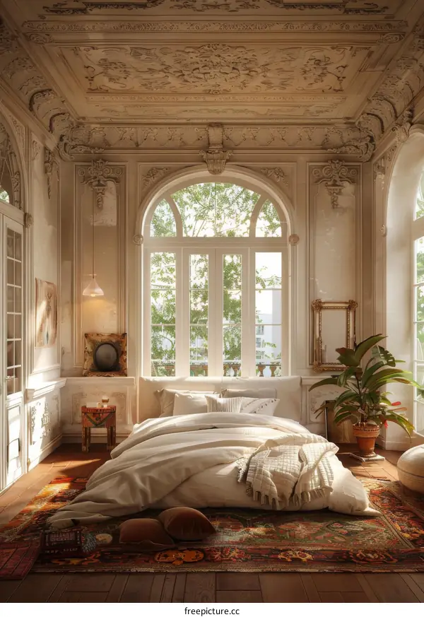 Cozy Bedroom with Arched Windows and Coffered Ceiling