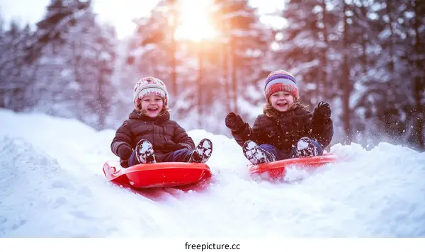Two Children Having Fun on a Winter Day