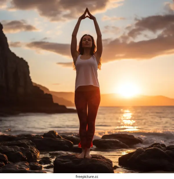 Woman in white shirt and red pants doing yoga on the beach at sunset