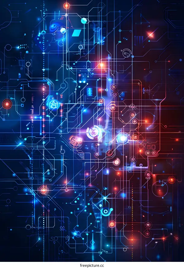 A glowing blue and red circuit board