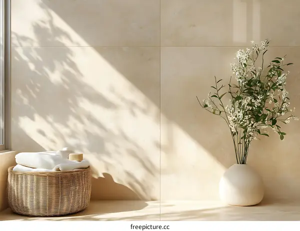 Minimalist Bathroom Decor with White Flowers and a Wicker Basket