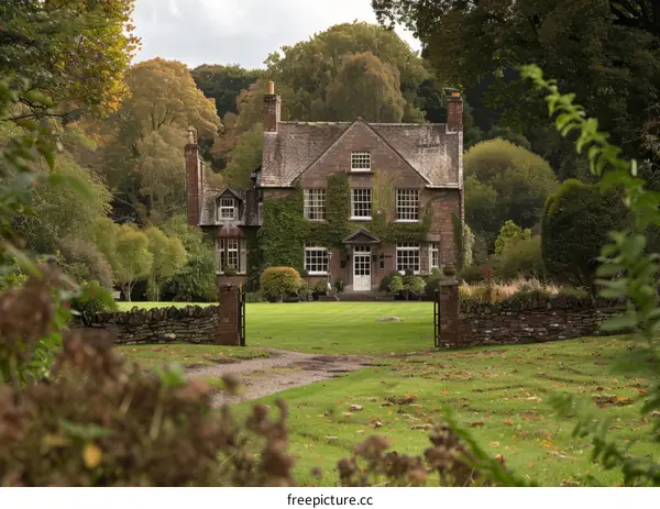 A large stone house with a slate roof and a large front lawn