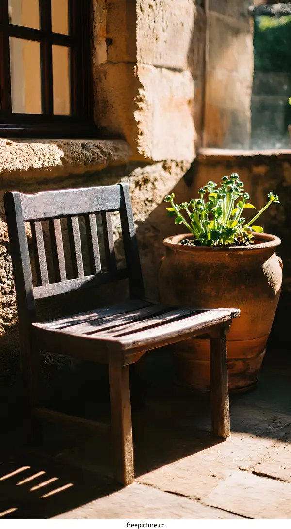 Wooden Chair and Clay Pot on a Patio
