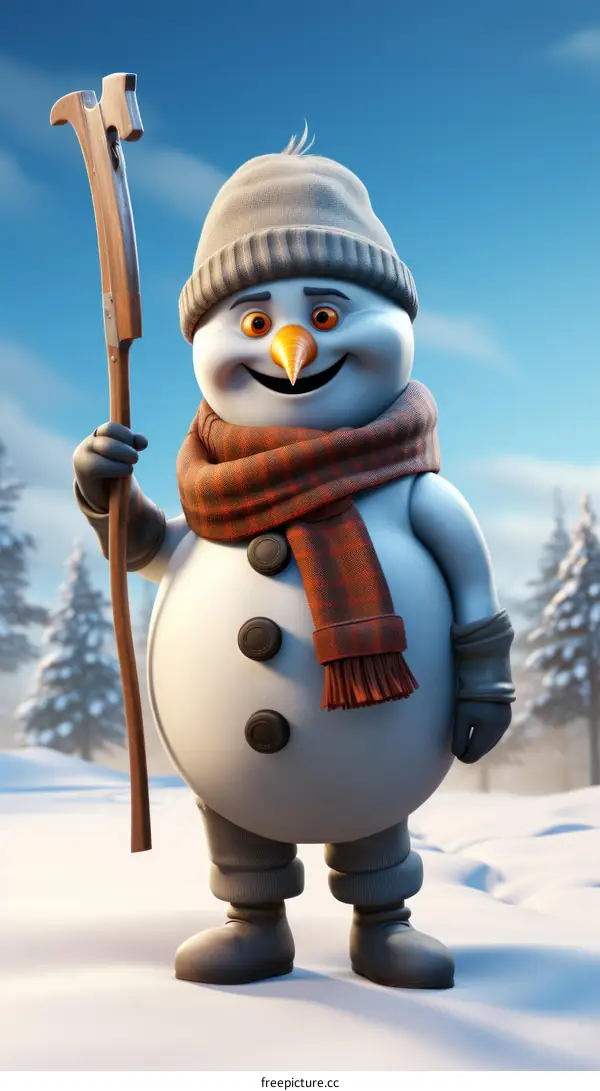 A happy snowman is holding a wooden stick and wearing a hat and scarf