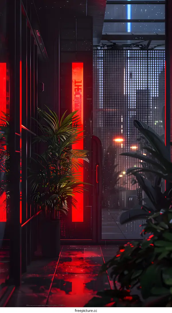 Neon Red Light Sign And Plants In Dark Alley