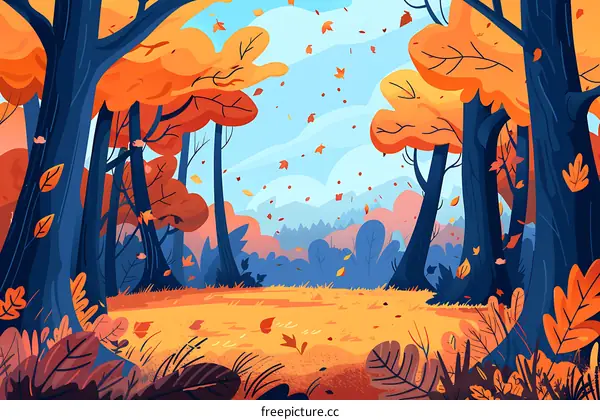 Autumn Forest Landscape With Falling Leaves
