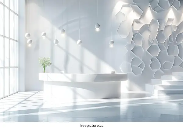 3D rendering of a modern office reception area with a curved white desk