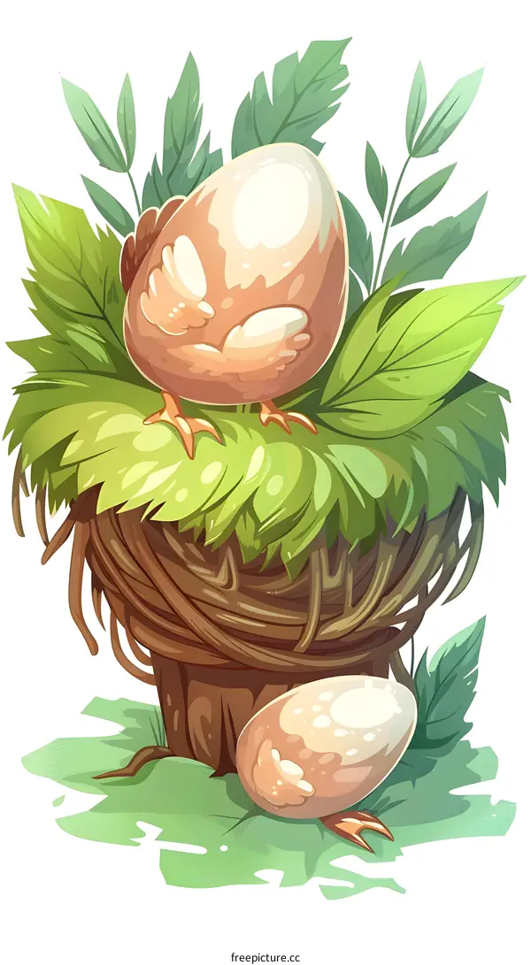 Cartoon Illustration of Two Eggs in a Nest with Green Leaves