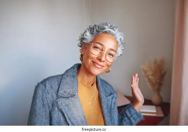 Friendly Gray-Haired Woman Smiling and Waving