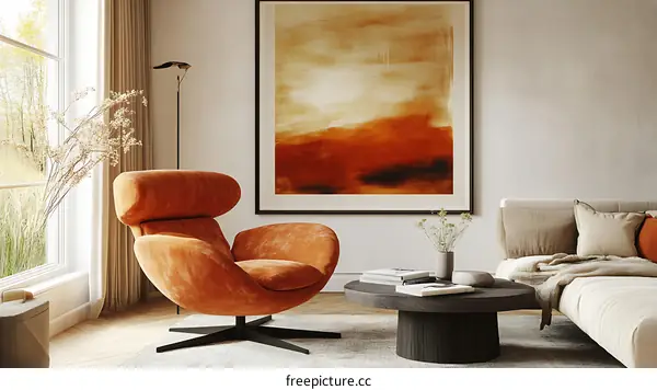 Modern Living Room Interior Design with Orange Accent Chair