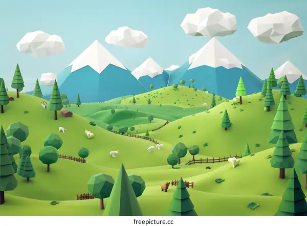 Low Poly Landscape with Green Hills and Mountains