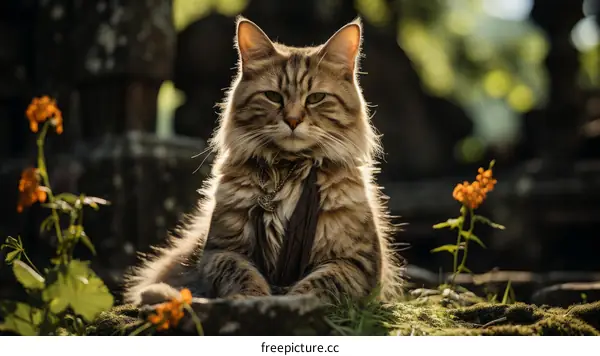 A ginger cat is sitting on a stone in a forest