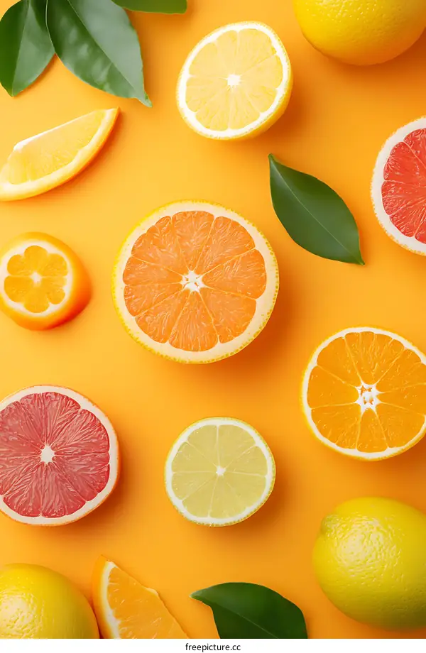 Fresh Citrus Fruits on Yellow Background