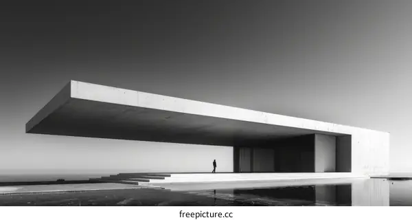 Black and white photo of a person walking under a large concrete canopy