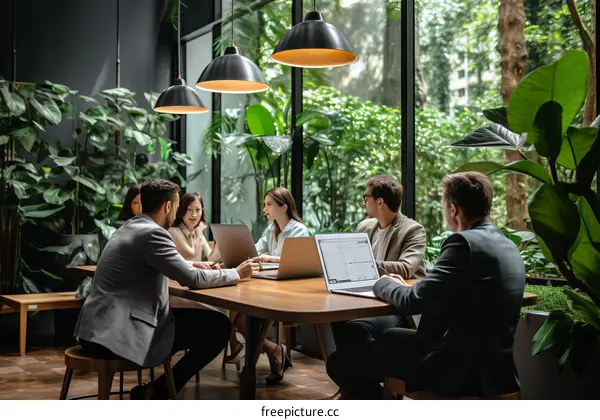 A group of people sitting around a table in a greenhouse discussing business