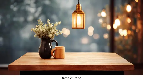 Wooden Tabletop with Decorated Vase and Mug