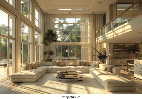 Modern Luxury Living Room with Open Floor Plan and Large Windows