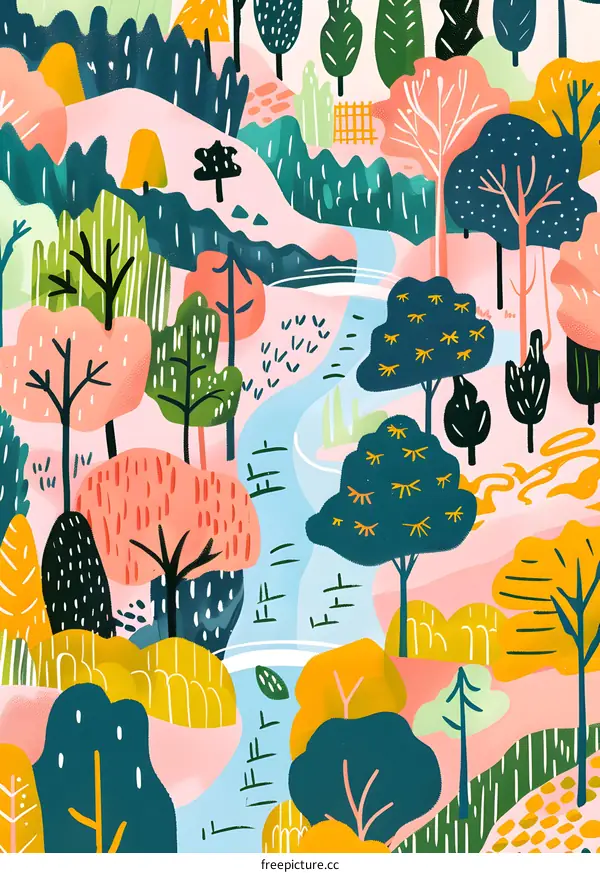 Colorful Abstract Forest Illustration With River