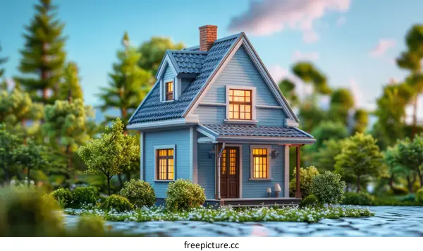 Small blue house in the middle of a forest