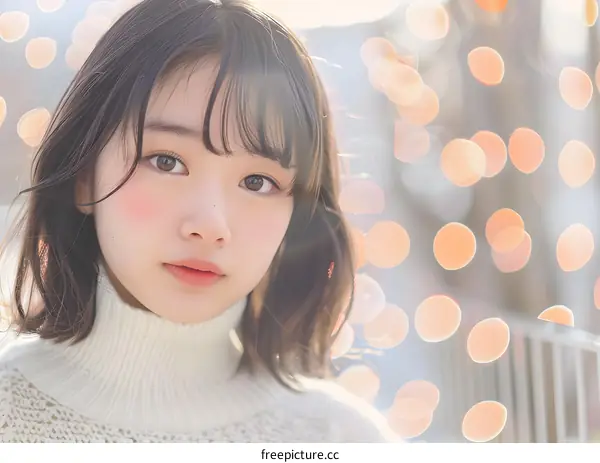 Portrait of a Young Woman with Short Hair in a White Sweater with a Bokeh Background