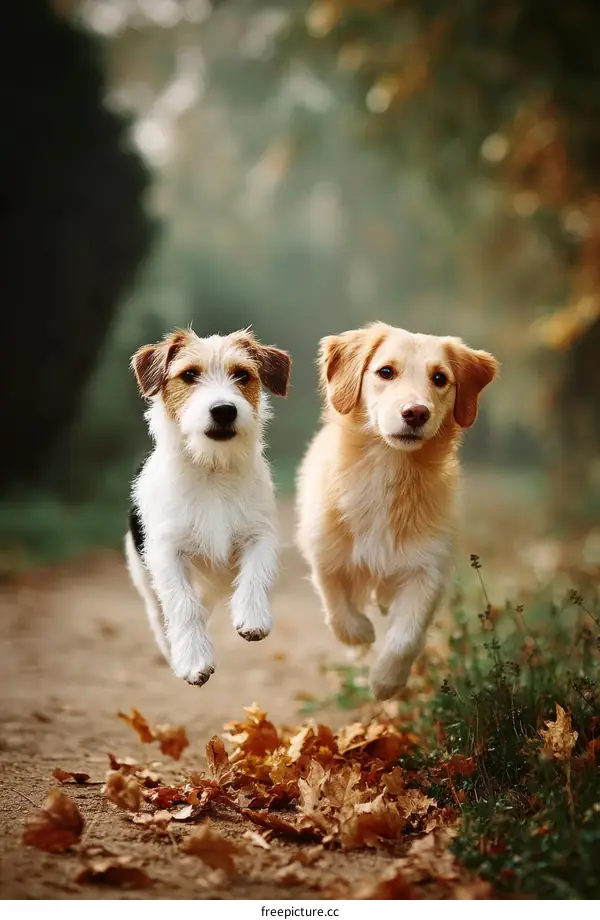 Two Dogs Running Through Autumn Leaves