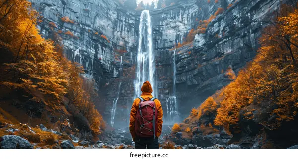Man standing in front of waterfall in autumn forest