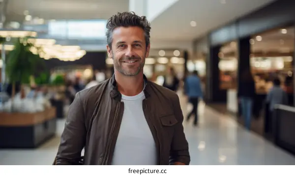 Portrait of a smiling man in a white shirt and brown leather jacket standing in a shopping mall