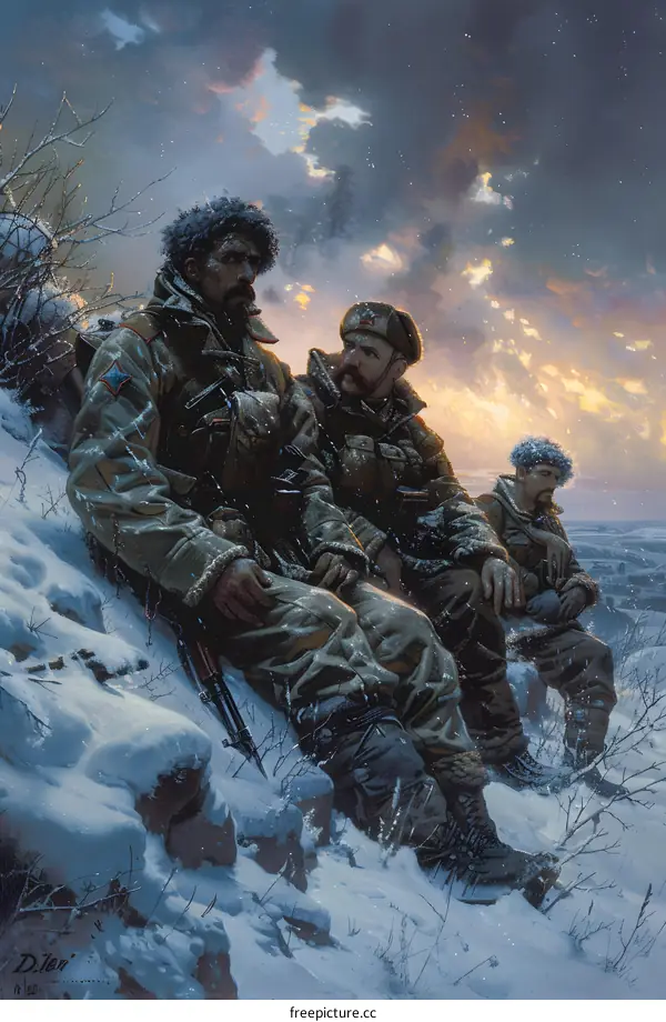 Three soldiers in winter gear are sitting on a snowy hill looking at the sunset.