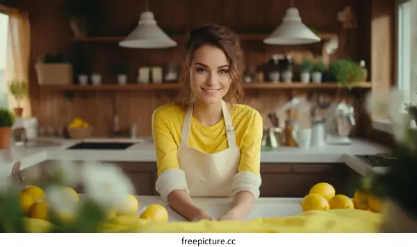 Portrait of a beautiful young woman in a yellow apron standing in a kitchen