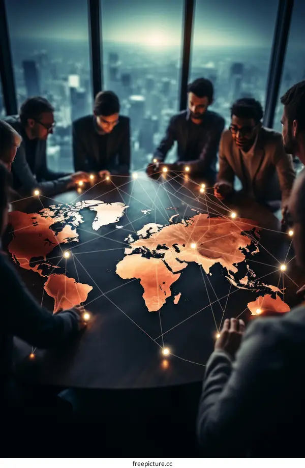 Group of diverse business people around conference table, discussing international strategy