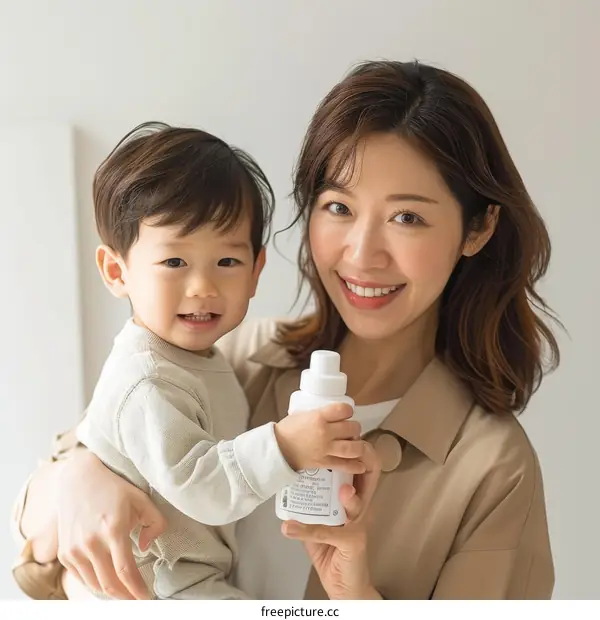 A mother is holding her baby and a bottle of detergent