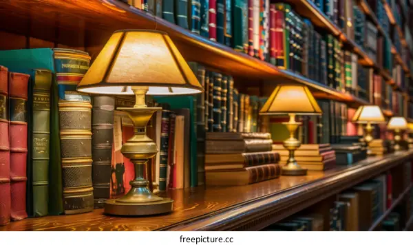 A Warmly Lit Library Bookshelf