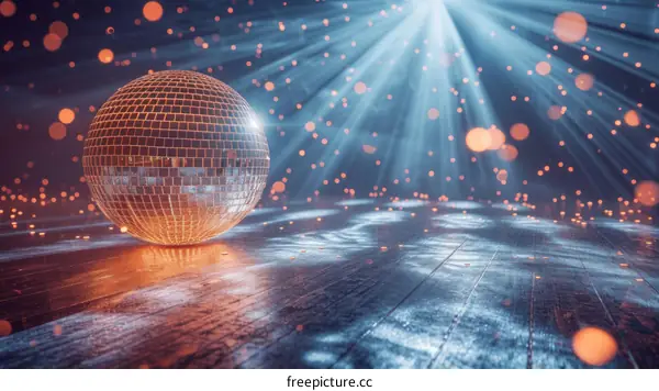Golden disco ball on a wooden floor under bright spotlights