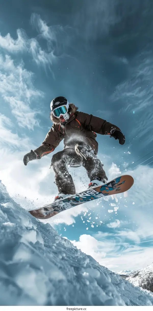 Man in black jacket snowboarding down a snowy mountain