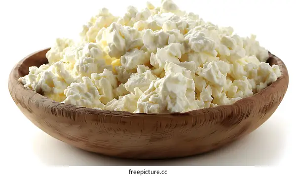 Fresh cottage cheese in a wooden bowl