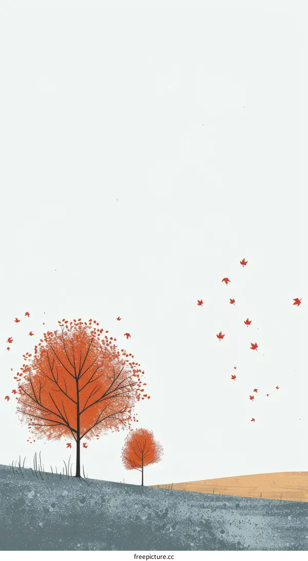 Two trees with orange leaves on a hill with blowing leaves