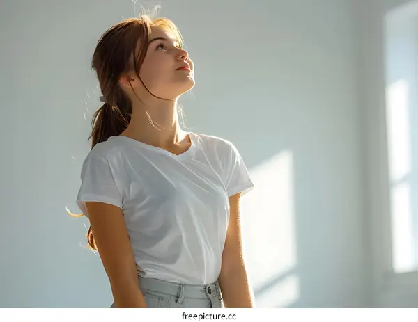 portrait of a young girl looking up at the sunlight