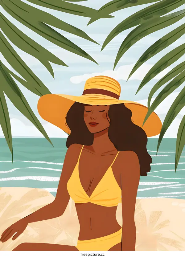 Woman In Yellow Bikini Relaxing On The Beach