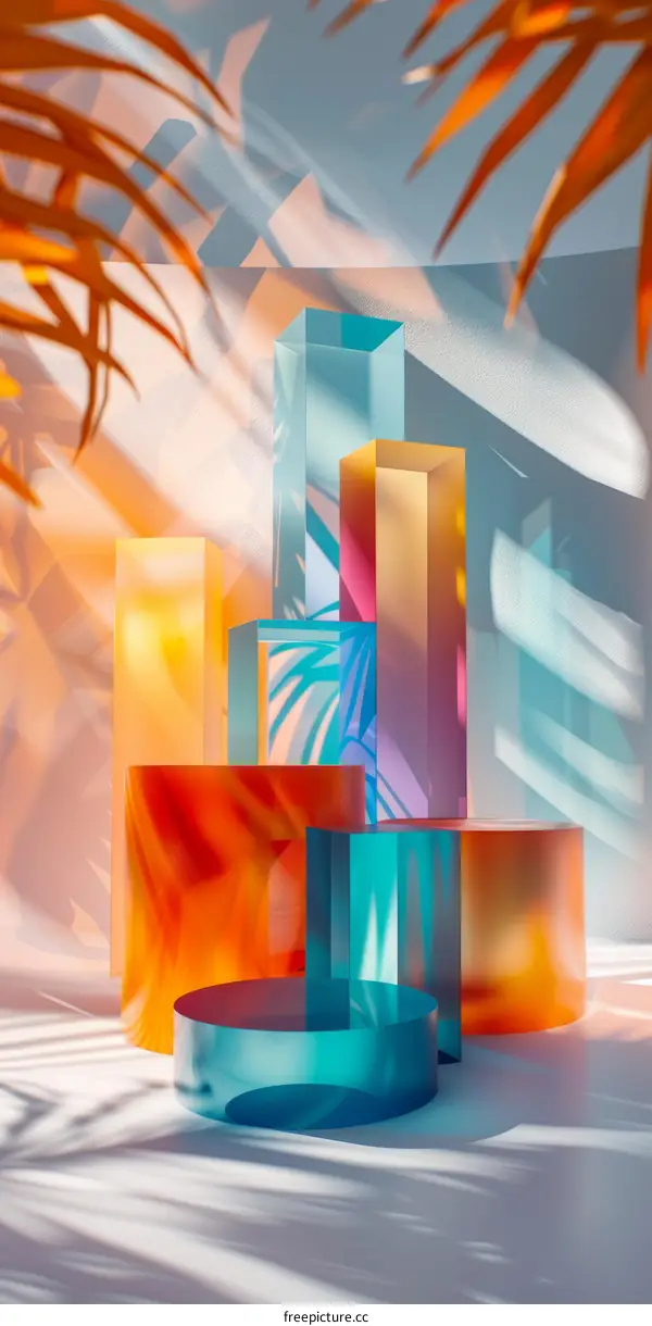 Abstract 3D Geometric Shapes with Shadows of Palm Leaves