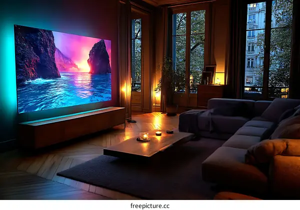 Home Theater Projection Display with Coastal Scenery