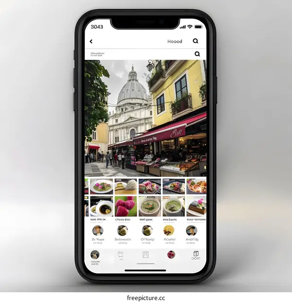 Phone Screen Showing Food Photos and A Cityscape