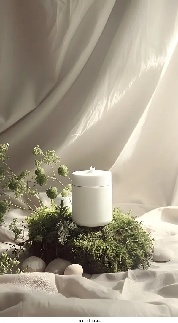 White Candle on Moss Bed with Stones and Green Flowers